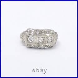 Art Deco 14k White Gold European Cut Diamond 3 Stone Row Band Ring