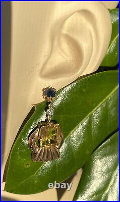 Art Deco 18K Rose Gold Citrine Blue Green Sapphire Diamond Vintage Earrings