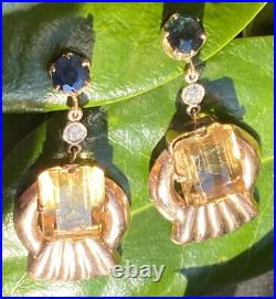 Art Deco 18K Rose Gold Citrine Blue Green Sapphire Diamond Vintage Earrings