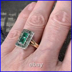 Art Deco 18ct gold paste emerald ring antique paste diamond halo panel design P+