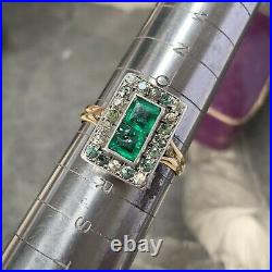 Art Deco 18ct gold paste emerald ring antique paste diamond halo panel design P+