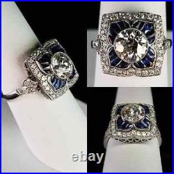 Art Deco 2.30Ct Round Cut Lab-Created Diamond & Sapphire Vintage Ring 925 Silver
