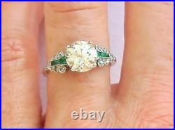 Art Deco 3.10 Ct Round Cut Diamond Green Emerald 925 Silver Antique Vintage Ring