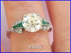 Art Deco 3.10 Ct Round Cut Diamond Green Emerald 925 Silver Antique Vintage Ring