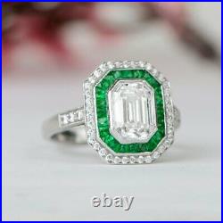 Art Deco 3.15Carat Emerald Cut Lab-Created Diamond Vintage Antique Wedding Rings