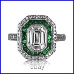 Art Deco 3.15Carat Emerald Cut Lab-Created Diamond Vintage Antique Wedding Rings