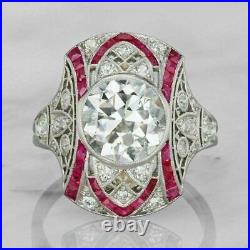 Art Deco 3.20 Ct Round Cut Lab-Created Diamond, Red Ruby Vintage Antique Ring