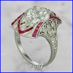 Art Deco 3.20 Ct Round Cut Lab-Created Diamond, Red Ruby Vintage Antique Ring
