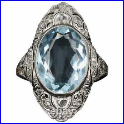Art Deco 925 Silver 5.74 Carat Oval Aquamarine & Single Cut Cubic Zirconia Ring