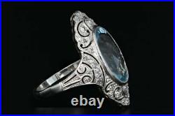 Art Deco 925 Silver 5.74 Carat Oval Aquamarine & Single Cut Cubic Zirconia Ring