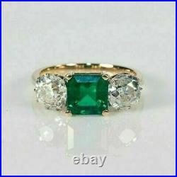 Art Deco 925 Sterling Silver 3.20Ct Green Emerald & Diamond Antique Vintage Ring