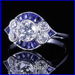 Art Deco Blue Sapphire With Sparkling White Cubic Zirconia Cluster Vintage Ring