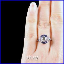 Art Deco Blue Sapphire With Sparkling White Cubic Zirconia Cluster Vintage Ring