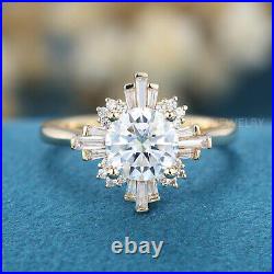 Art Deco Engagement Ring Halo Vintage Baguette 1.0CT Moissanite Wedding Rings