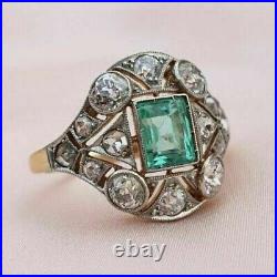Art Deco Green Emerald Antique Vintage Engagement Ring 14K Yellow Gold Finish