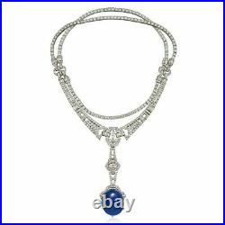 Art Deco Necklace for Women Blue Cabochon & White CZ Vintage Statement Jewelry