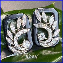 Art Deco Platinum 14K White Gold Diamond Black Onyx Rectangle Vintage Earrings