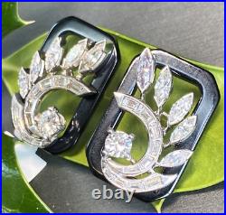 Art Deco Platinum 14K White Gold Diamond Black Onyx Rectangle Vintage Earrings