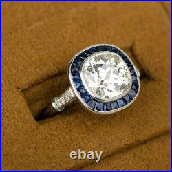 Art Deco Ring White Cushion Blue Princess Vintage Style Real 925 Sterling Silver