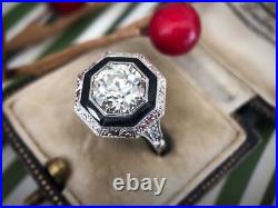 Art Deco Style Engraved French Cut Black Onyx Double Halo Cubic Zirconia Ring