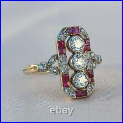 Art Deco Three Stone Diamond & Ruby Gold Ring Vintage Engagement Antique 1920