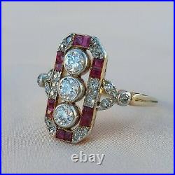 Art Deco Three Stone Diamond & Ruby Gold Ring Vintage Engagement Antique 1920