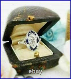 Art Deco Vintage 1.50 Ct Marquise Moissanite & Sapphire Engagement 14K WhiteGold
