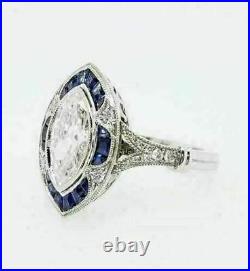 Art Deco Vintage 1.50 Ct Marquise Moissanite & Sapphire Engagement 14K WhiteGold