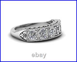 Art Deco Vintage 1.70Ct Round Cut Moissanite Engagement Ring Real 14K White Gold