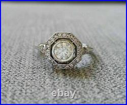 Art Deco Vintage 1 Ct Round Cut Moissanite Diamond Halo Engagement 14k WhiteGold