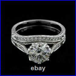 Art Deco Vintage 2.12 CT Round Moissanite Engagement Ring Set In 14K White Gold