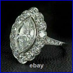 Art Deco Vintage 2.25 Ct Marquise Cut Diamond Engagement 14K White Gold FN Ring