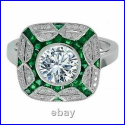 Art Deco Vintage 2.85 Ct Round Cut Diamond Engagement 14K White Gold Finish Ring