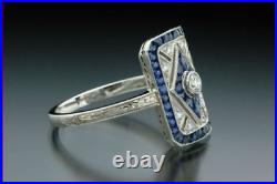 Art Deco Vintage 2.8Ct Round Diamond Sapphire Engagement 14K White Gold FN Ring