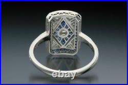 Art Deco Vintage 2.8Ct Round Diamond Sapphire Engagement 14K White Gold FN Ring