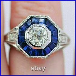 Art Deco Vintage 3.50Ct Round Blue Diamond Engagement 14K White Gold Finish Ring