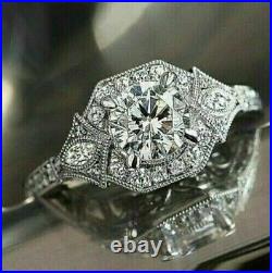Art Deco Vintage 3CT Round Lab Created Diamond Wedding Ring 14K White Gold Over