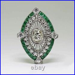 Art Deco Vintage 3Ct Lab Created Emerald Engagement Ring 14k White Gold Plated