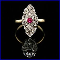 Art Deco Vintage 3Ct Red Ruby Women's CZ Navette Ring 14K Two Tone Gold Plated