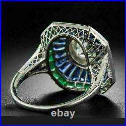 Art Deco Vintage 4.55 CT Round Diamond Blue Sapphire 14K White Gold Finish Ring