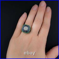 Art Deco Vintage 4.55 CT Round Diamond Blue Sapphire 14K White Gold Finish Ring