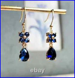 Art Deco Vintage 925 Sterling Silver Dangle Earrings Lab Created 3 Blue Sapphire