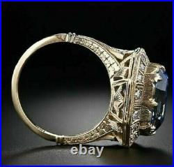 Art Deco Vintage Antique Blue Sapphire 2.8Ct Diamond 14k Yellow Gold Finish Ring