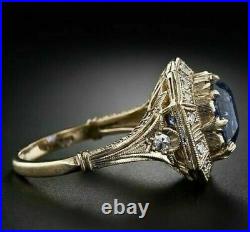 Art Deco Vintage Antique Blue Sapphire 2.8Ct Diamond 14k Yellow Gold Finish Ring