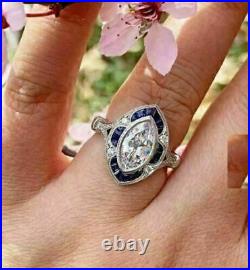 Art Deco Vintage Antique Diamond & Sapphire Engagement 14K White Gold FN Ring