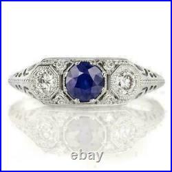 Art Deco Vintage Antique Wedding Ring 1.89 Ct Blue Sapphire 14K White Gold Over