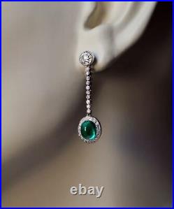 Art Deco Vintage Cabochon 6.63CT Emerald & Sparkling CZ Drops Women's Earrings