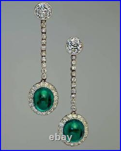 Art Deco Vintage Cabochon 6.63CT Emerald & Sparkling CZ Drops Women's Earrings