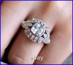 Art Deco Vintage Cushion Cut Diamond Engagement Filigree 14K White Gold FN Ring