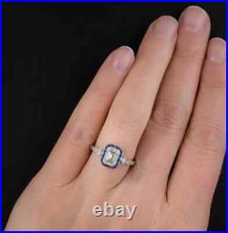 Art Deco Vintage Emerald Cut Moissanite Engagement Women Ring 14K White Gold FN